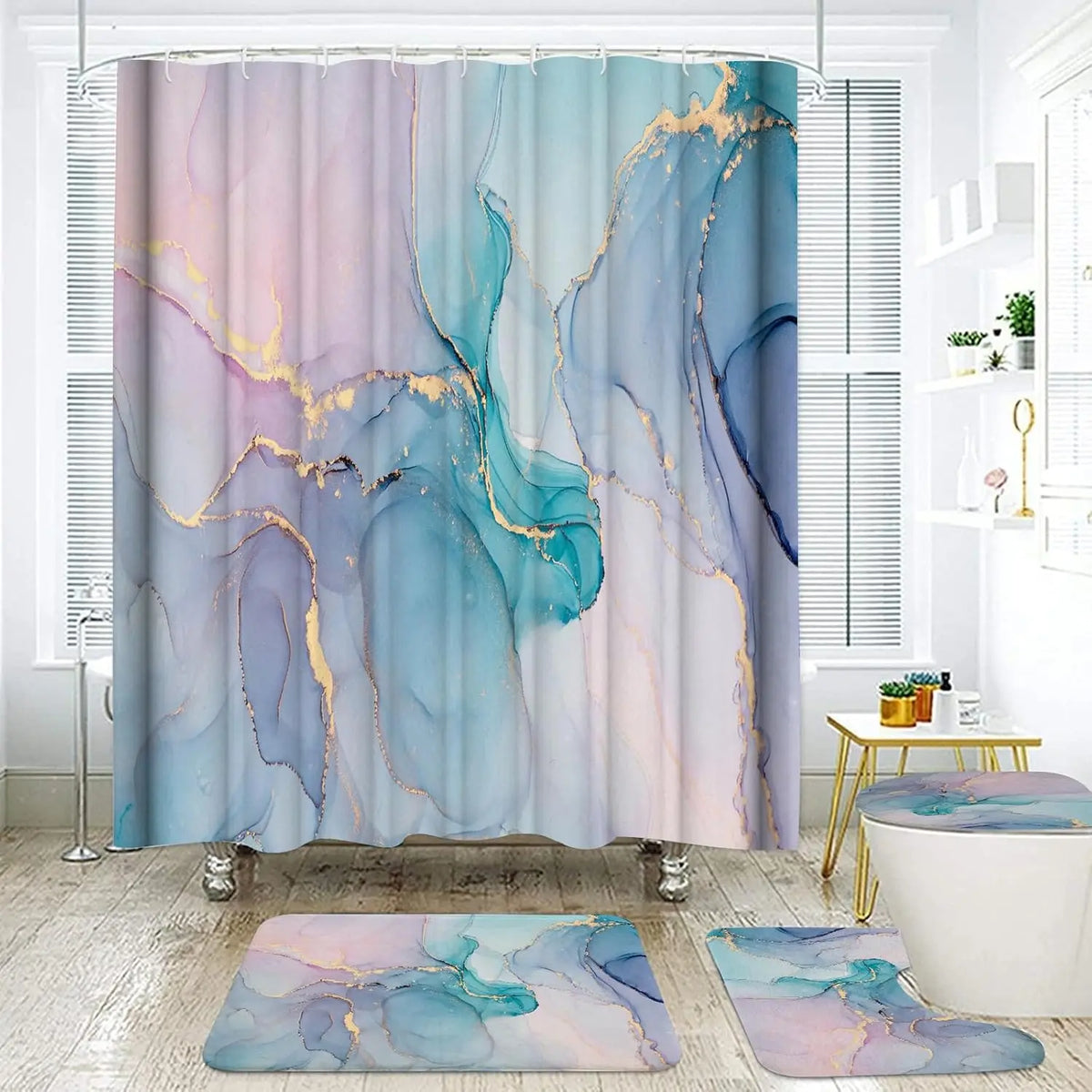 4-Piece Marble Design Polyester Shower Curtain Set Non-Slip Bath Mat Toilet Lid Mat U-Shaped Floor Mat Black Gold 12