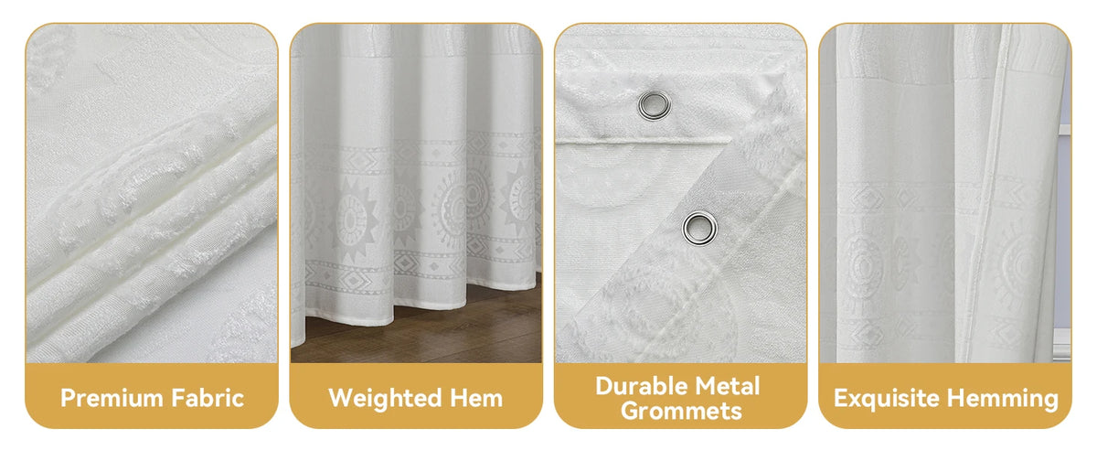 White Boho Farmhouse Modern Shower Curtain Set Waterproof Polyester Neutral Textured 72Wx72L Inches 12 Plastic Hooks
