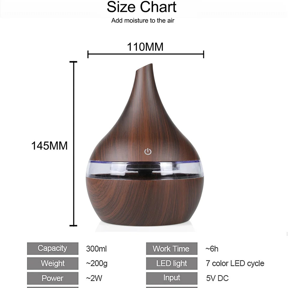 300ml Humidifier Electric Aroma Air Diffuser Wood Ultrasonic Air Humidifier Essential Oil Aromatherapy Cool Mist Maker For Home