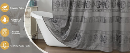 Grey Boho Farmhouse Elegant Washable Sheer Lace Shower Curtain Set 72Wx72L with 12 Plastic Hooks