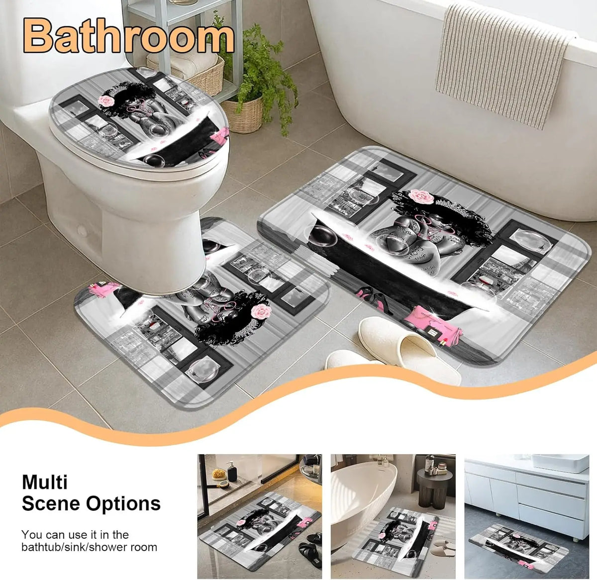 KOKGYM 4-Piece African American Shower Curtain Set Rugs 12 Hooks Paris Eiffel Tower Art Pattern Waterproof Polyester Casual