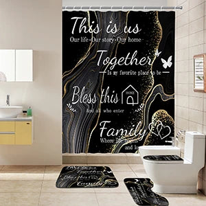 4-Piece Marble Design Polyester Shower Curtain Set Non-Slip Bath Mat Toilet Lid Mat U-Shaped Floor Mat Black Gold 12