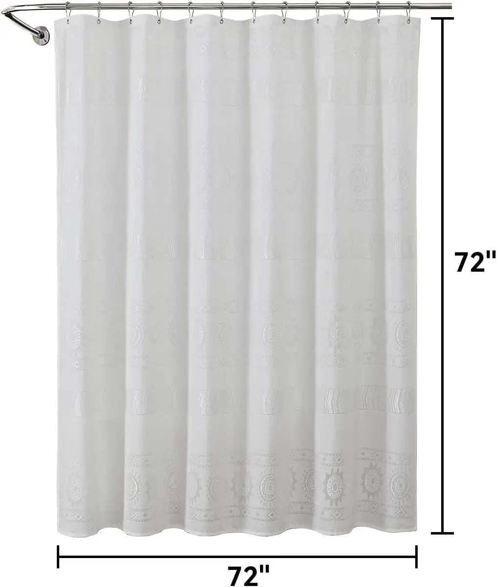 White Boho Farmhouse Modern Shower Curtain Set Waterproof Polyester Neutral Textured 72Wx72L Inches 12 Plastic Hooks