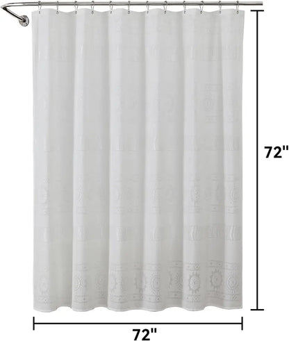 White Boho Farmhouse Modern Shower Curtain Set Waterproof Polyester Neutral Textured 72Wx72L Inches 12 Plastic Hooks