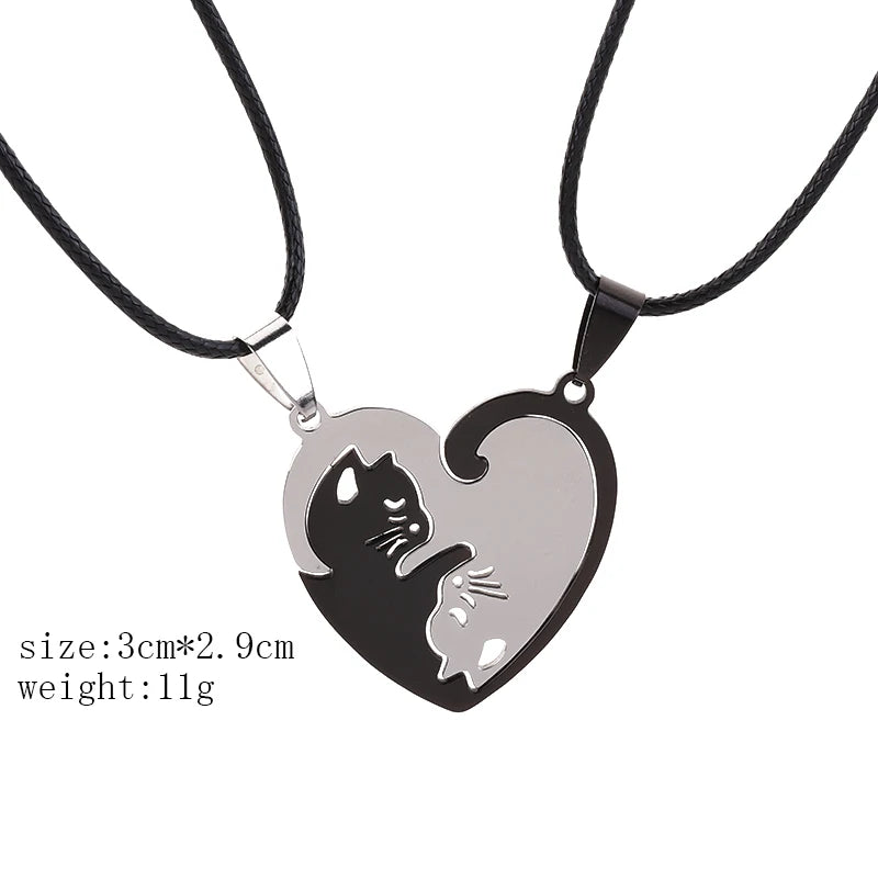 Stainless Steel Pet Cat Kitty Love Heart Pendant Puzzle Matching Necklace Chain For Couple Lover Valentine