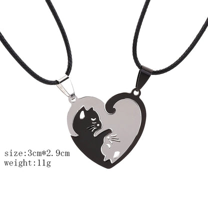 Stainless Steel Pet Cat Kitty Love Heart Pendant Puzzle Matching Necklace Chain For Couple Lover Valentine