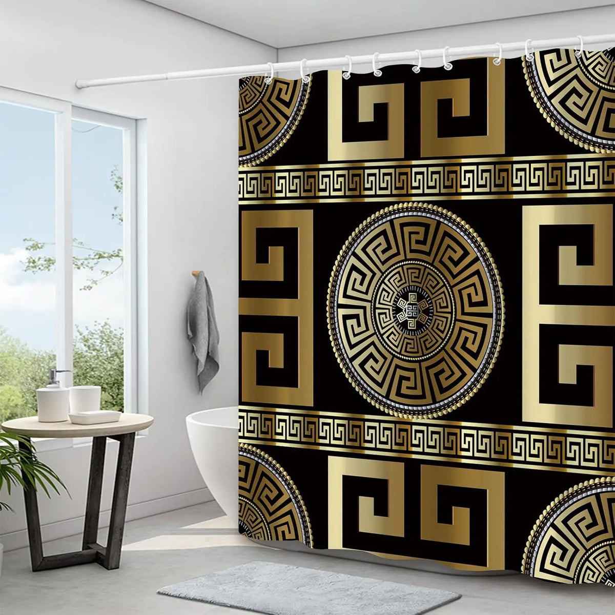 4PCS Black Gold Geometric Print Polyester Fabric Shower Curtain Set Modern Waterproof Soft Fabric Non-Slip Bath Mat 12