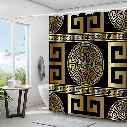 4PCS Black Gold Geometric Print Polyester Fabric Shower Curtain Set Modern Waterproof Soft Fabric Non-Slip Bath Mat 12