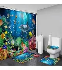 4-Piece Sunlight Sea Fish Ocean Theme Bathroom Set with Rugs Shower Curtain 12 Hooks-Machine-Washable Blackout Polyester
