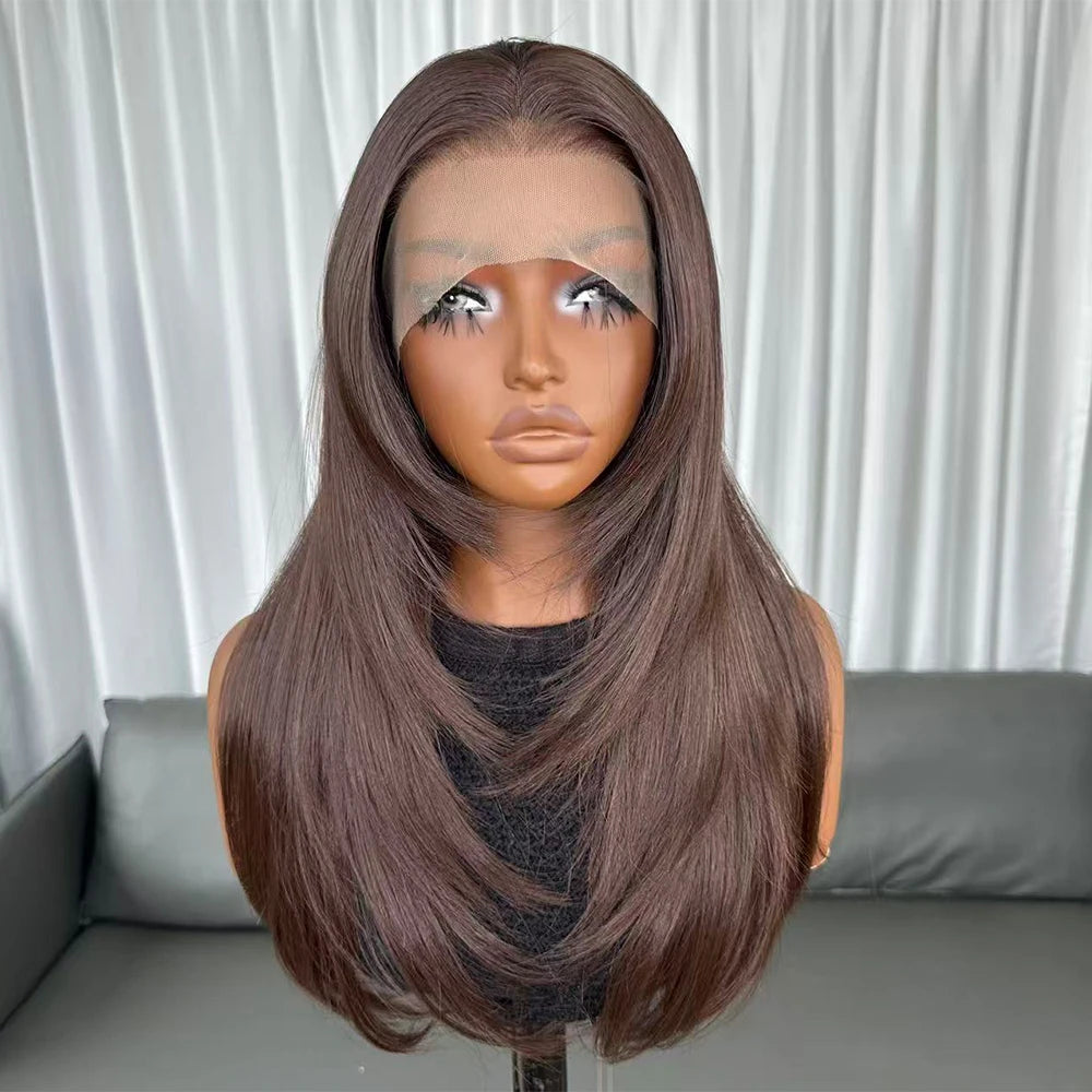 Long Natural Wavy Layered Wigs Brown Color Futura Fiber Hair 13X4 Synthetic Lace Front Wigs for Black Women