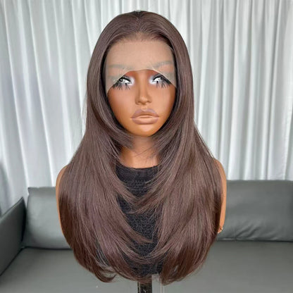 Long Natural Wavy Layered Wigs Brown Color Futura Fiber Hair 13X4 Synthetic Lace Front Wigs for Black Women