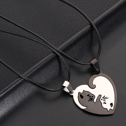 Stainless Steel Pet Cat Kitty Love Heart Pendant Puzzle Matching Necklace Chain For Couple Lover Valentine