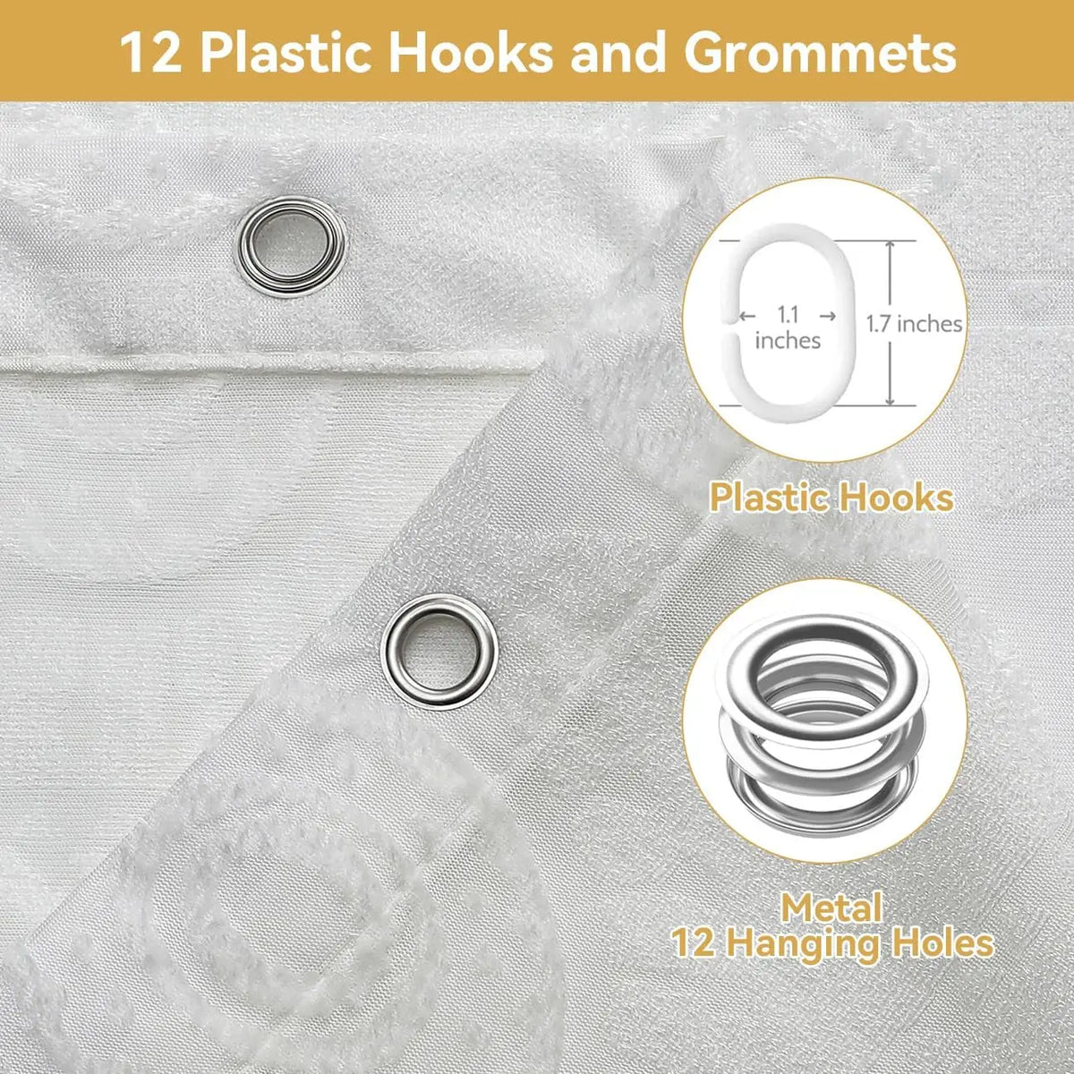 White Boho Farmhouse Modern Shower Curtain Set Waterproof Polyester Neutral Textured 72Wx72L Inches 12 Plastic Hooks