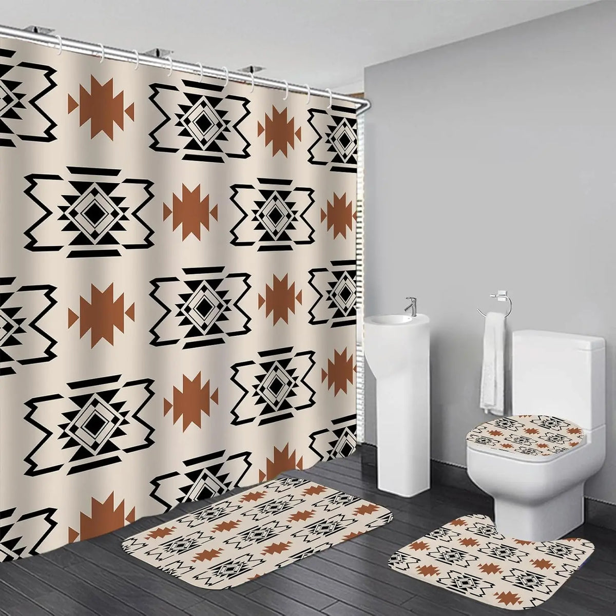4-Piece Brown Cowboy Rustic Western Farmhouse Shower Curtain Set Non-Slip Rugs Washable Polyester Fabric Sunflower Barn