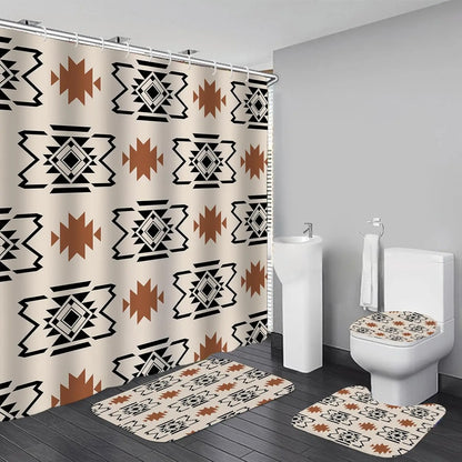 4-Piece Brown Cowboy Rustic Western Farmhouse Shower Curtain Set Non-Slip Rugs Washable Polyester Fabric Sunflower Barn