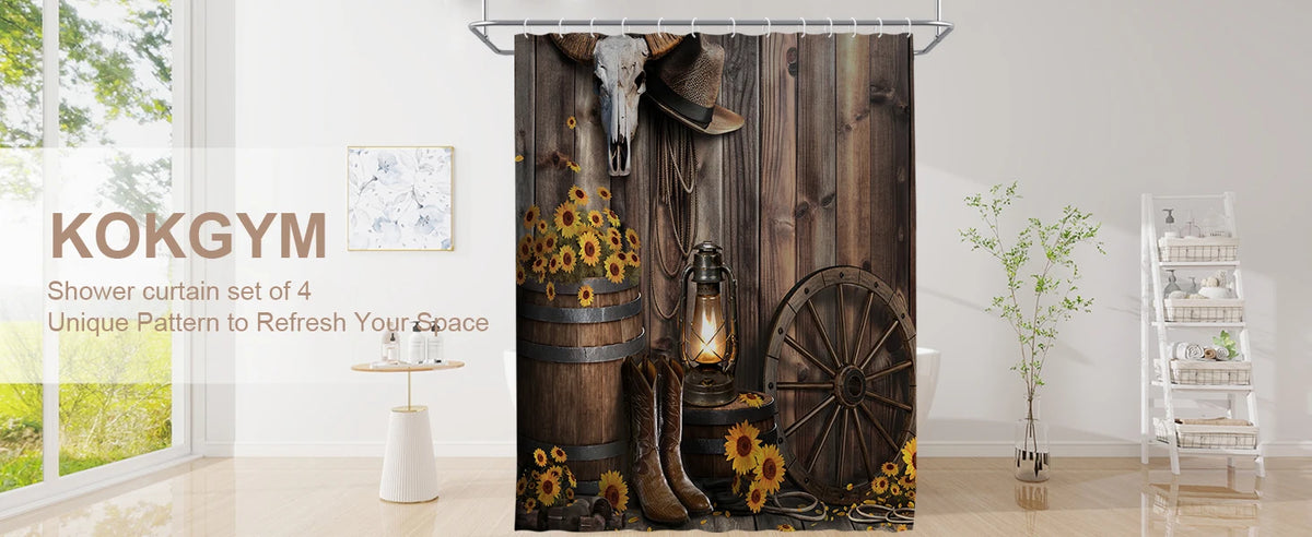 4-Piece Brown Cowboy Rustic Western Farmhouse Shower Curtain Set Non-Slip Rugs Washable Polyester Fabric Sunflower Barn