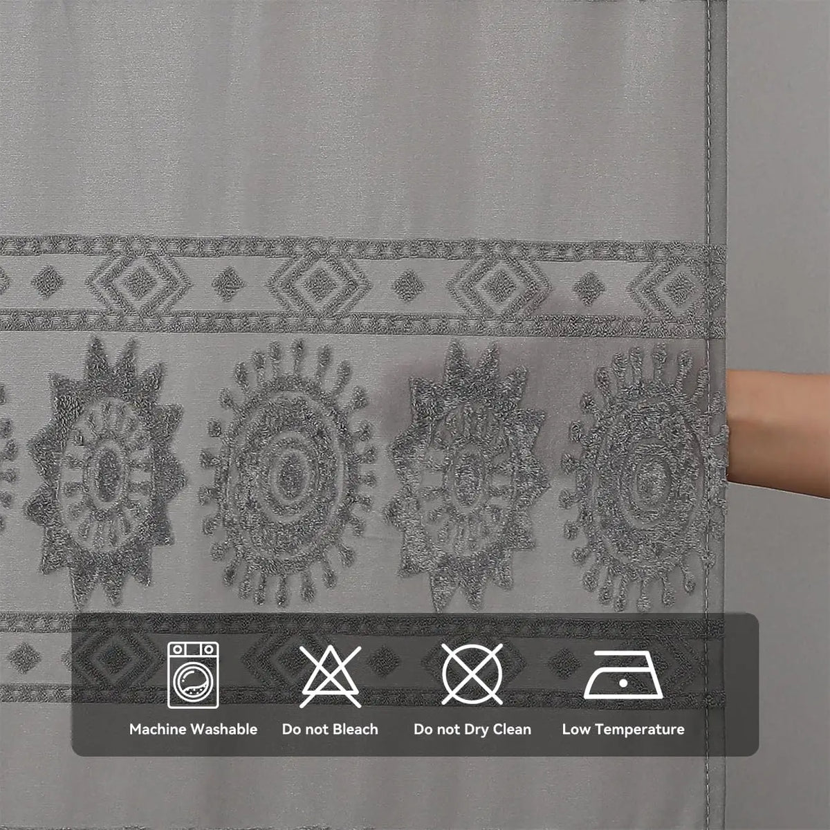 Grey Boho Farmhouse Elegant Washable Sheer Lace Shower Curtain Set 72Wx72L with 12 Plastic Hooks