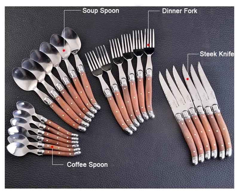 24pcs Laguiole Cutlery set Luxury Rose Wood Handle Dinnerware Stainless steel Tableware 6 Steak Knife 6 Fork 6 Spoon 6 Teaspoon