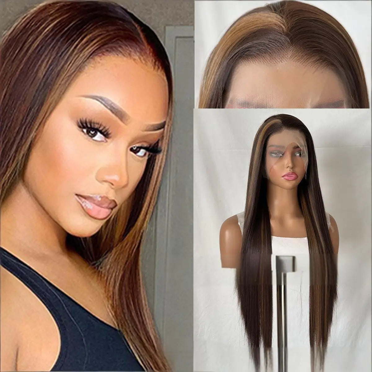 FX-HA07 Premium Blend Hair Wig Long Straight Black High Quality Invisible Transparent 13*4 Lace Frontal Wig Lace Front Wigs