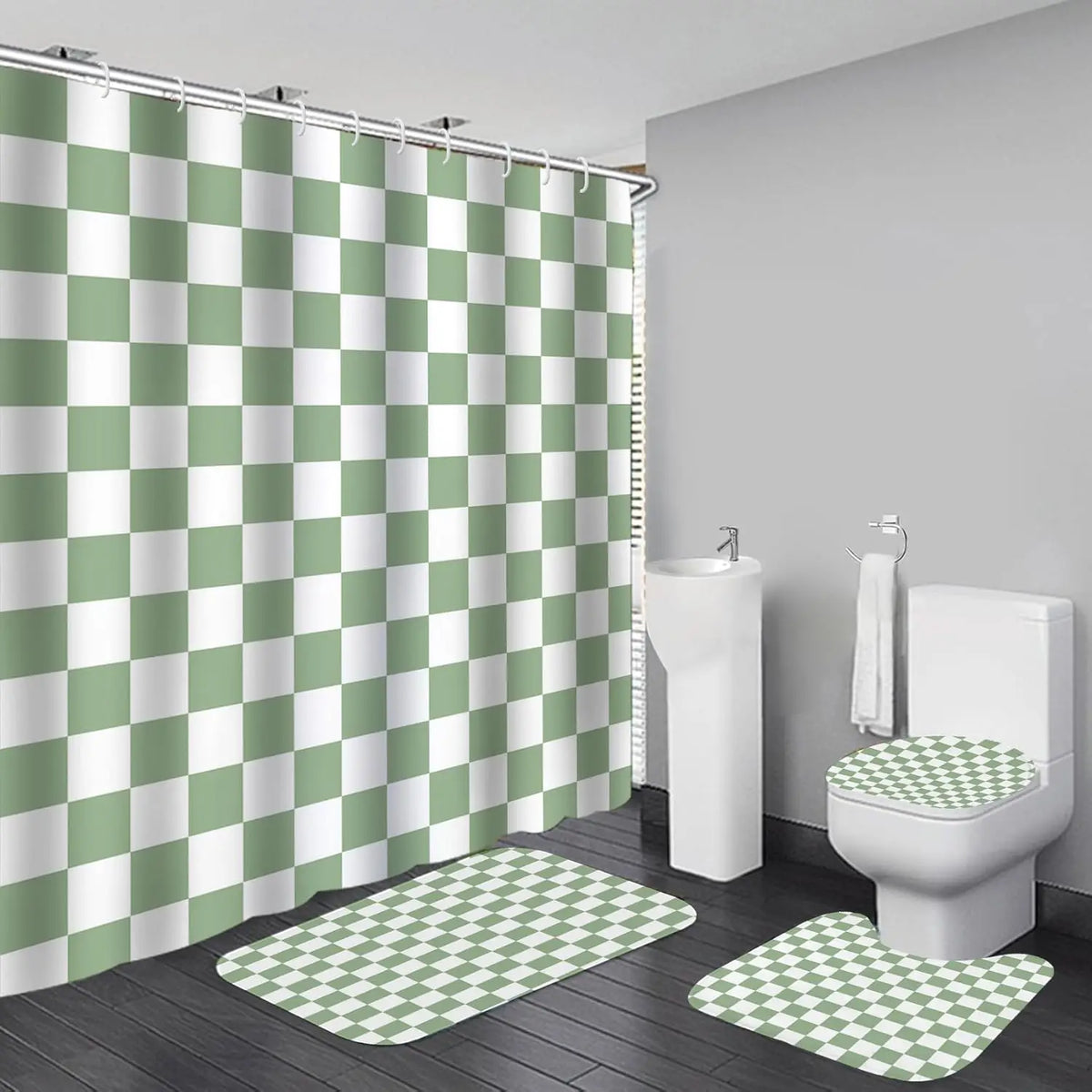 4-Piece Checkered Gingham Retro Shower Curtain Set Non-Slip Bath Rug U-Shaped Mat 12 Hooks Waterproof Fabric Green