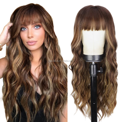 Hot Sales 26Inch Brown Mixed Blonde Wigs with Bangs for Women Wavy Curly Hair Heat Resistant Synthetic Fiber Wigs Women Hair