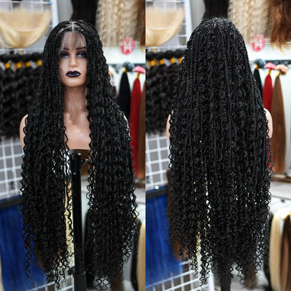 Natural Black Full Lace Bohemian Synthetic Wig with Triangle Knotless Braided Black Women's Natural Wave Boho Braid Wigs