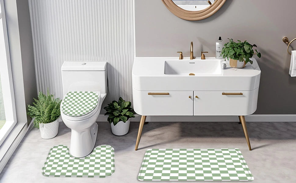 4-Piece Checkered Gingham Retro Shower Curtain Set Non-Slip Bath Rug U-Shaped Mat 12 Hooks Waterproof Fabric Green