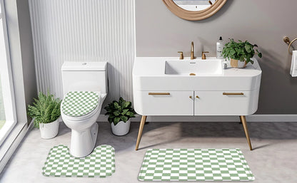 4-Piece Checkered Gingham Retro Shower Curtain Set Non-Slip Bath Rug U-Shaped Mat 12 Hooks Waterproof Fabric Green