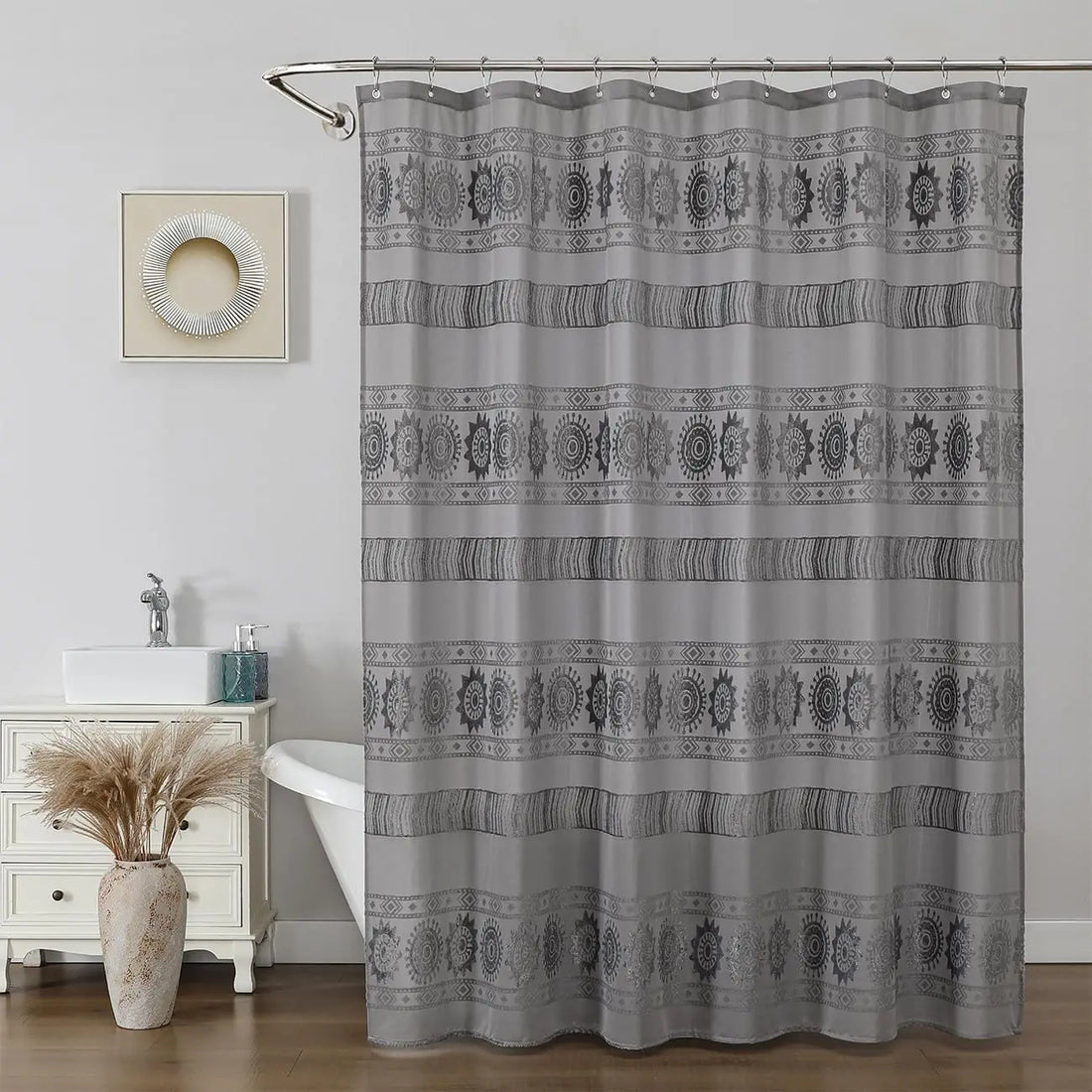 Grey Boho Farmhouse Elegant Washable Sheer Lace Shower Curtain Set 72Wx72L with 12 Plastic Hooks
