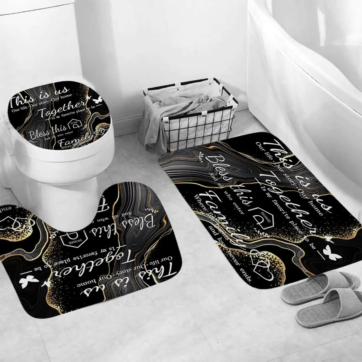 4-Piece Marble Design Polyester Shower Curtain Set Non-Slip Bath Mat Toilet Lid Mat U-Shaped Floor Mat Black Gold 12