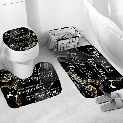 4-Piece Marble Design Polyester Shower Curtain Set Non-Slip Bath Mat Toilet Lid Mat U-Shaped Floor Mat Black Gold 12