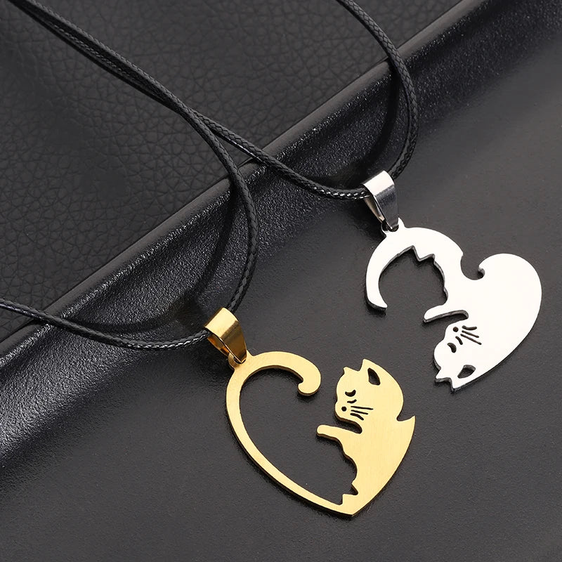 Stainless Steel Pet Cat Kitty Love Heart Pendant Puzzle Matching Necklace Chain For Couple Lover Valentine