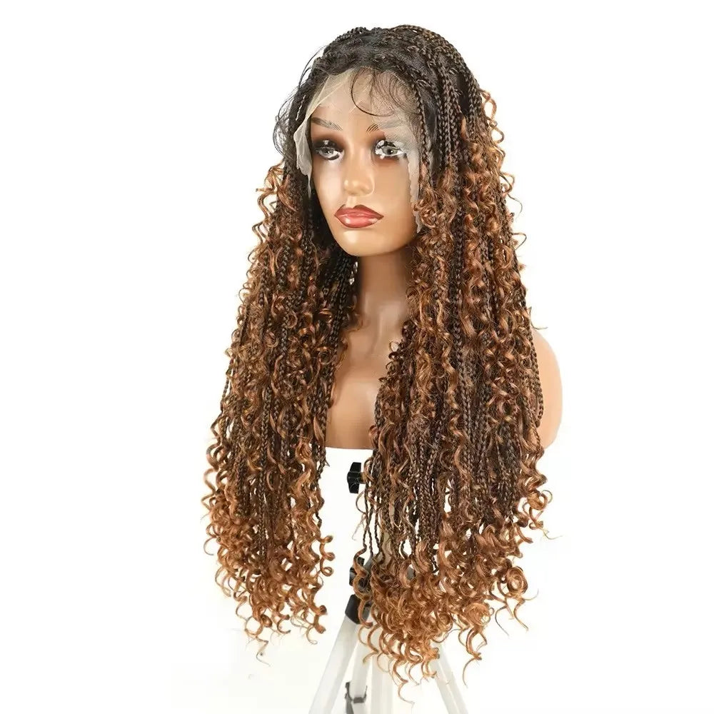 Natural Black Full Lace Bohemian Synthetic Wig with Triangle Knotless Braided Black Women's Natural Wave Boho Braid Wigs