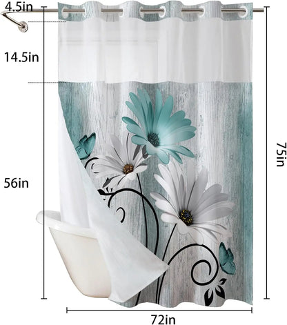 Hookless Shower Curtain Liner Set Teal Semi-Sheer Waterproof Washable 72x75 Inch Bathroom Decor