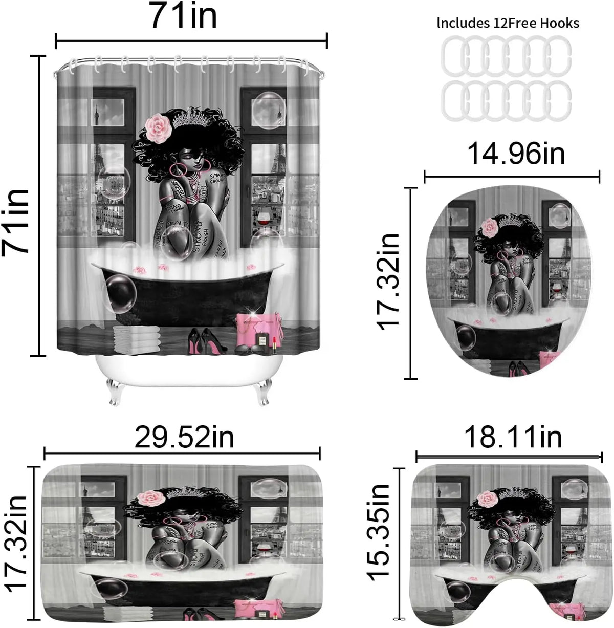KOKGYM 4-Piece African American Shower Curtain Set Rugs 12 Hooks Paris Eiffel Tower Art Pattern Waterproof Polyester Casual
