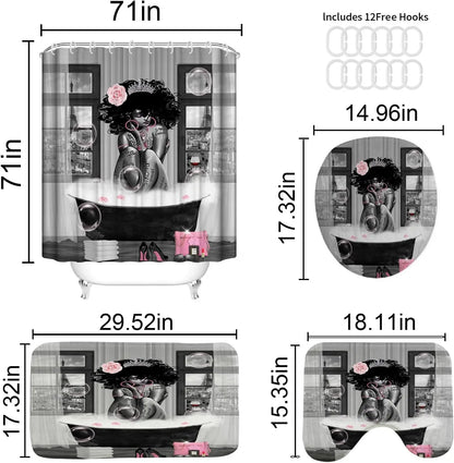 KOKGYM 4-Piece African American Shower Curtain Set Rugs 12 Hooks Paris Eiffel Tower Art Pattern Waterproof Polyester Casual