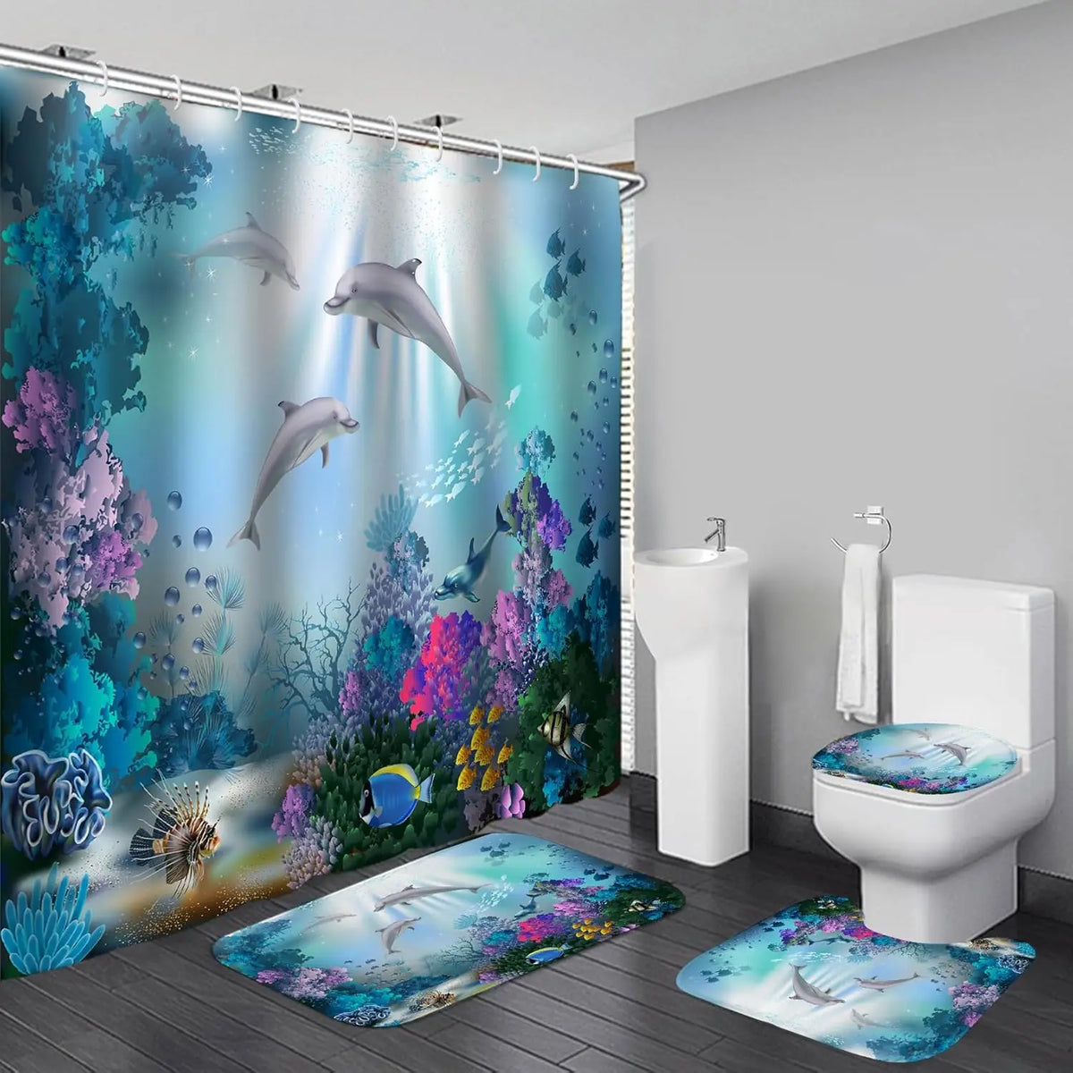 4-Piece Sunlight Sea Fish Ocean Theme Bathroom Set with Rugs Shower Curtain 12 Hooks-Machine-Washable Blackout Polyester