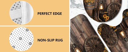 4-Piece Brown Cowboy Rustic Western Farmhouse Shower Curtain Set Non-Slip Rugs Washable Polyester Fabric Sunflower Barn