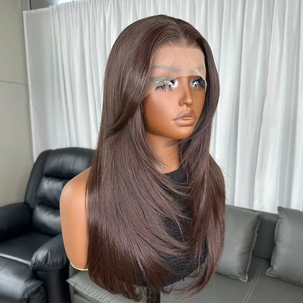 Long Natural Wavy Layered Wigs Brown Color Futura Fiber Hair 13X4 Synthetic Lace Front Wigs for Black Women