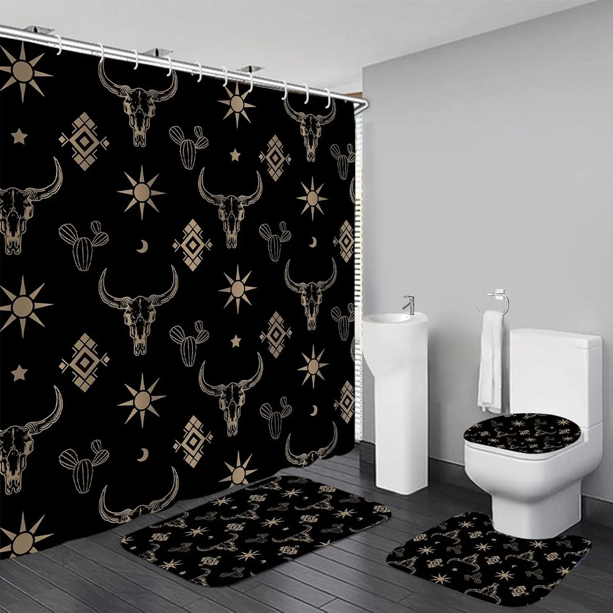 4-Piece Brown Cowboy Rustic Western Farmhouse Shower Curtain Set Non-Slip Rugs Washable Polyester Fabric Sunflower Barn