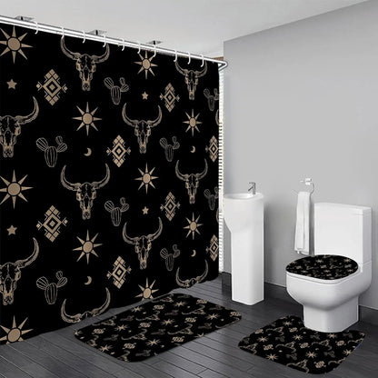 4-Piece Brown Cowboy Rustic Western Farmhouse Shower Curtain Set Non-Slip Rugs Washable Polyester Fabric Sunflower Barn
