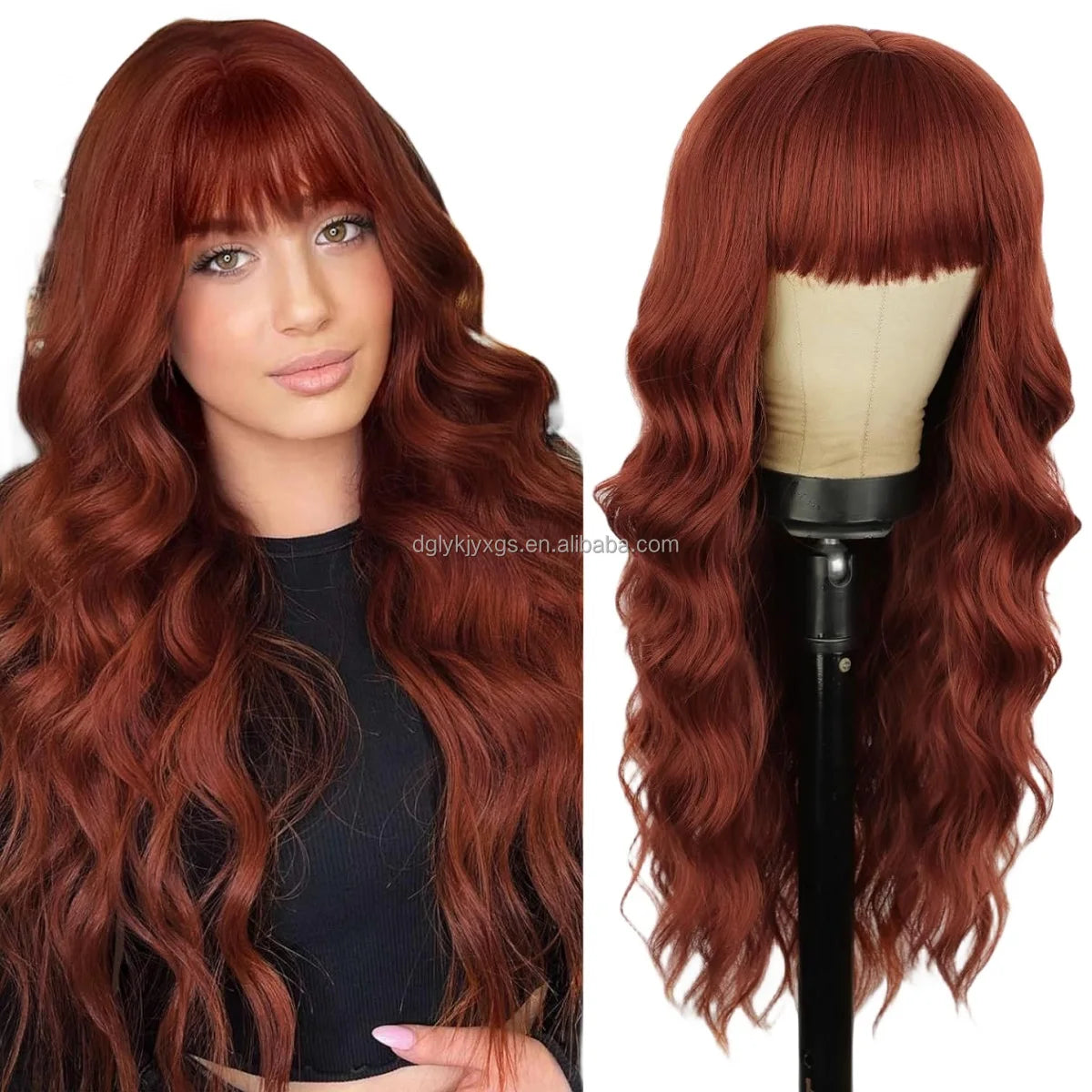 Hot Sales 26Inch Brown Mixed Blonde Wigs with Bangs for Women Wavy Curly Hair Heat Resistant Synthetic Fiber Wigs Women Hair