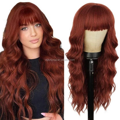 Hot Sales 26Inch Brown Mixed Blonde Wigs with Bangs for Women Wavy Curly Hair Heat Resistant Synthetic Fiber Wigs Women Hair