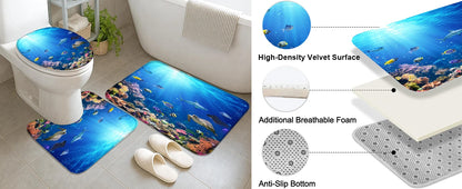 4-Piece Sunlight Sea Fish Ocean Theme Bathroom Set with Rugs Shower Curtain 12 Hooks-Machine-Washable Blackout Polyester