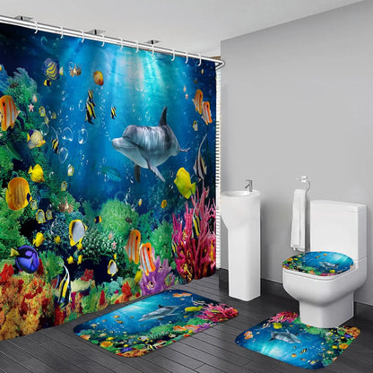 4-Piece Sunlight Sea Fish Ocean Theme Bathroom Set with Rugs Shower Curtain 12 Hooks-Machine-Washable Blackout Polyester