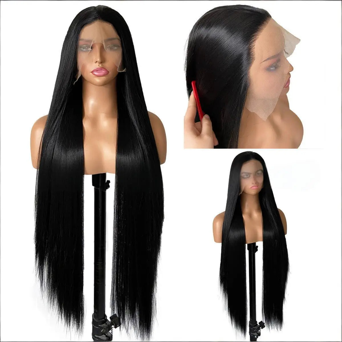 FX-HA07 Premium Blend Hair Wig Long Straight Black High Quality Invisible Transparent 13*4 Lace Frontal Wig Lace Front Wigs