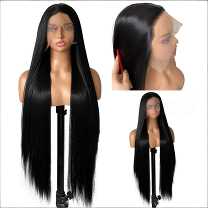 FX-HA07 Premium Blend Hair Wig Long Straight Black High Quality Invisible Transparent 13*4 Lace Frontal Wig Lace Front Wigs