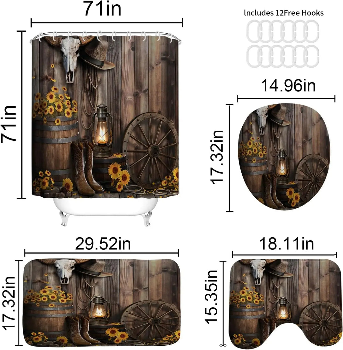 4-Piece Brown Cowboy Rustic Western Farmhouse Shower Curtain Set Non-Slip Rugs Washable Polyester Fabric Sunflower Barn