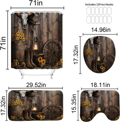 4-Piece Brown Cowboy Rustic Western Farmhouse Shower Curtain Set Non-Slip Rugs Washable Polyester Fabric Sunflower Barn