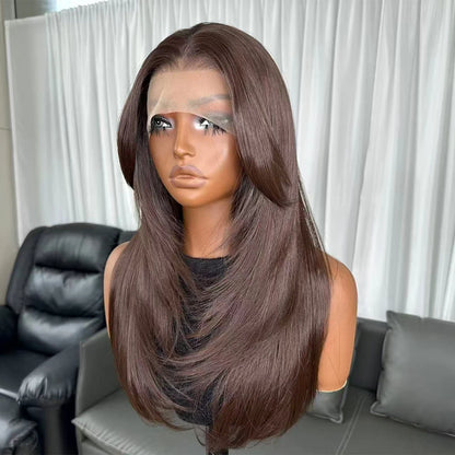 Long Natural Wavy Layered Wigs Brown Color Futura Fiber Hair 13X4 Synthetic Lace Front Wigs for Black Women